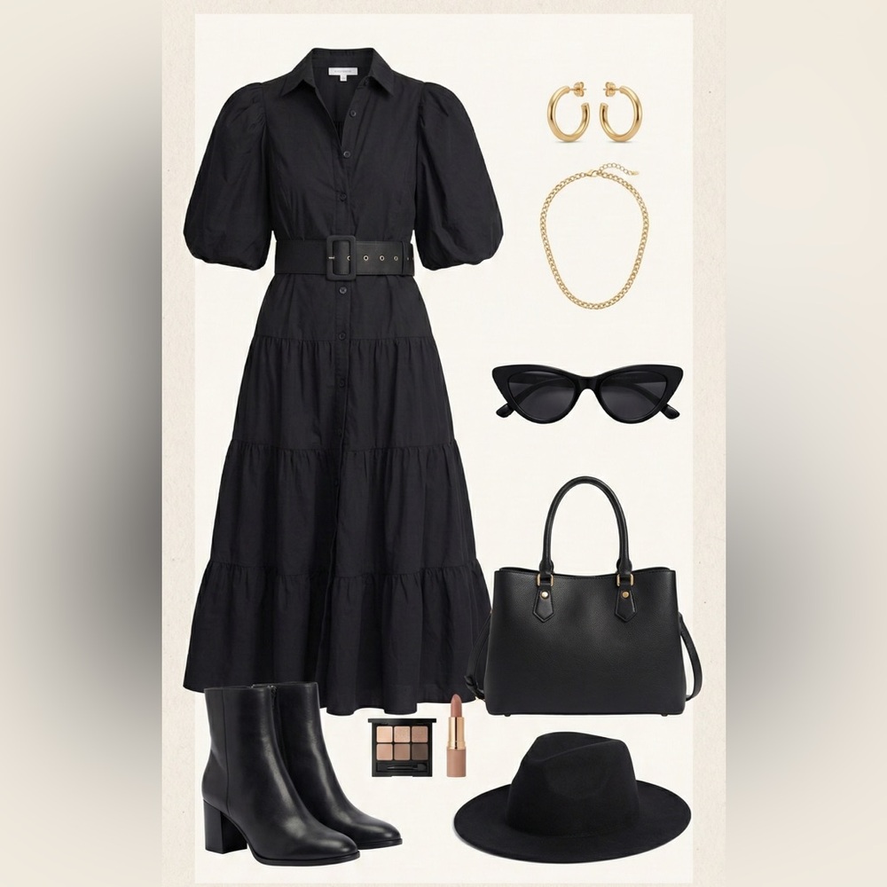 CQbyCQ Black Puff Sleeve Tiered Shirt Dress Button Down Belted Maxi - Picture 2 of 10